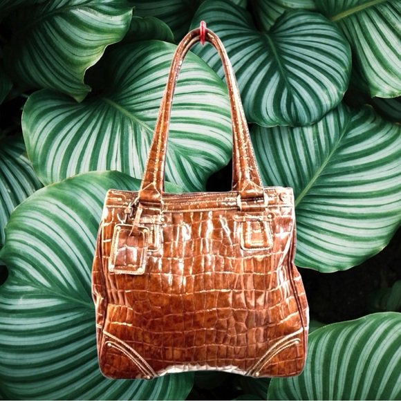 LIZ CLAIBORNE VINTAGE 1990s Faux Patent and Croc Brown Tote or Shoulder Bag - Picture 7 of 8